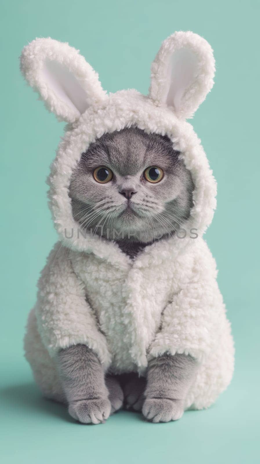 Grey cat in bunny costume on turquoise background, playful pet fashion concept.
