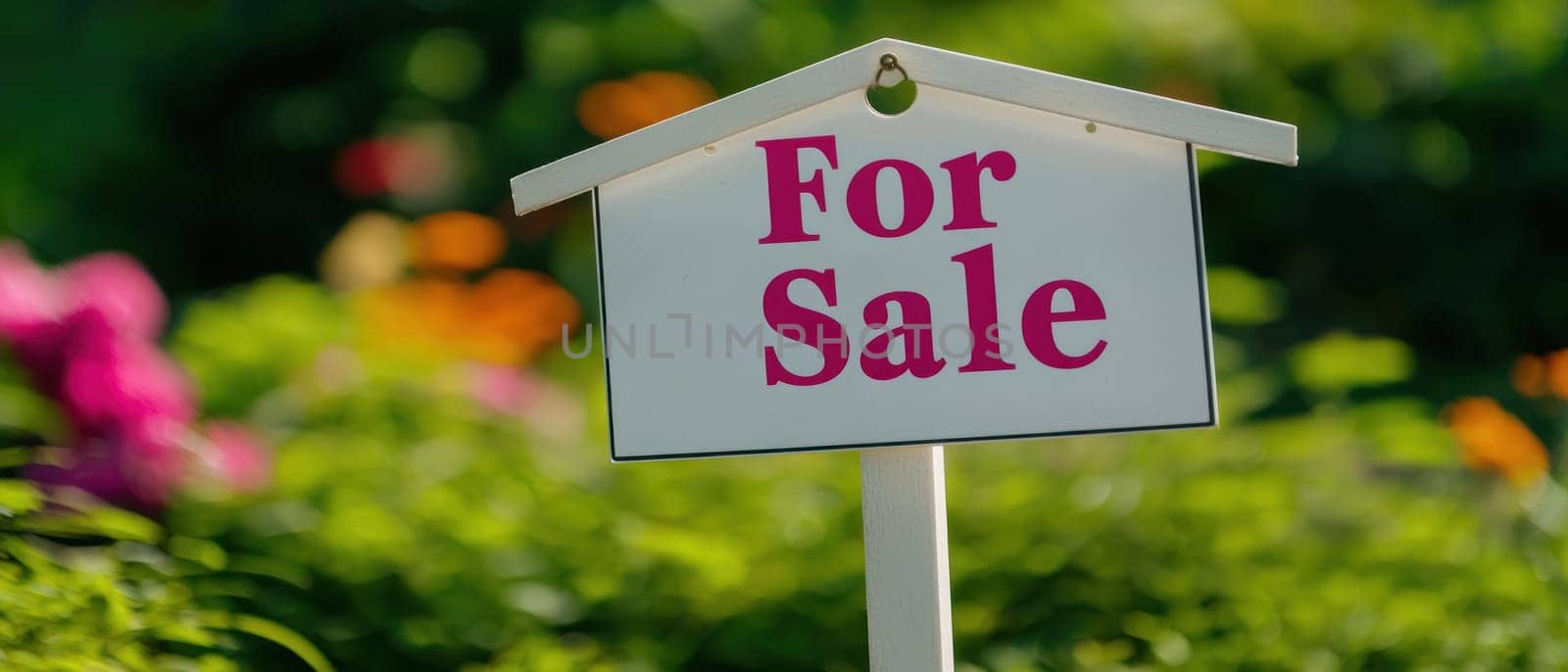 For sale sign in vibrant garden setting, surrounded by colorful flowers, indicating property or item available for purchase. bright colors evoke sense of opportunity and excitement.
