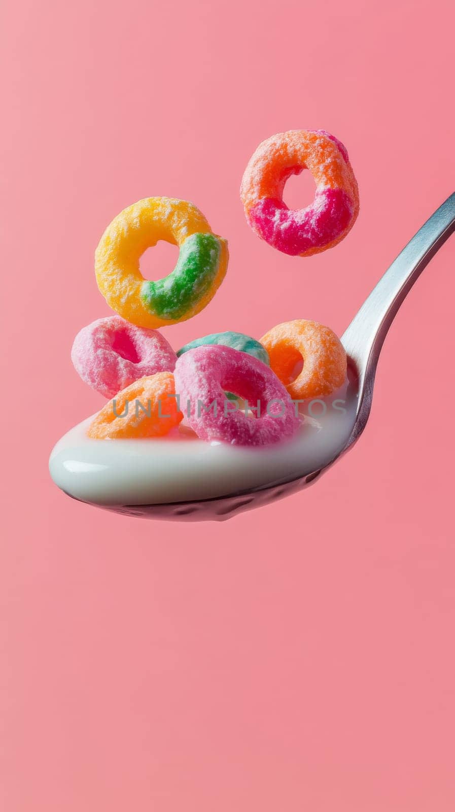 Colorful cereal rings on spoon with milk, pink background. Breakfast food and vibrant design concept.