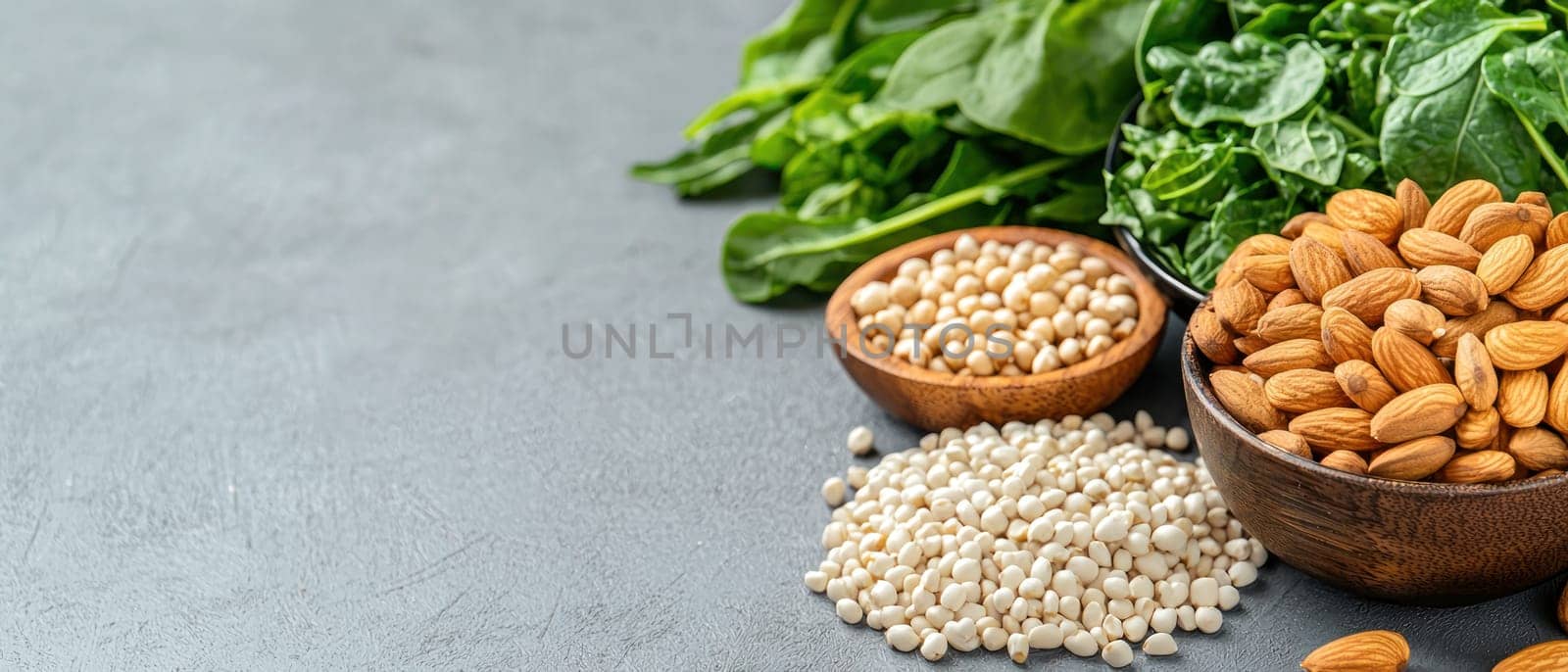 Fresh leafy greens, nuts, and grains create vibrant and healthy meal option. This colorful arrangement showcases benefits of nutritious foods, perfect for balanced diet.