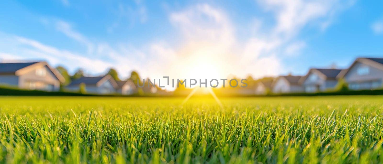 beautiful suburban neighborhood with lush green grass and bright sunrise in background creates serene and inviting atmosphere.