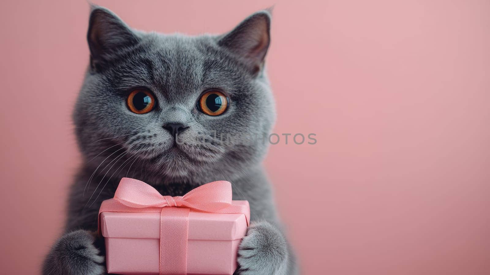 Gray cat holding a pink gift box on pastel background. Cute and charming pet concept.