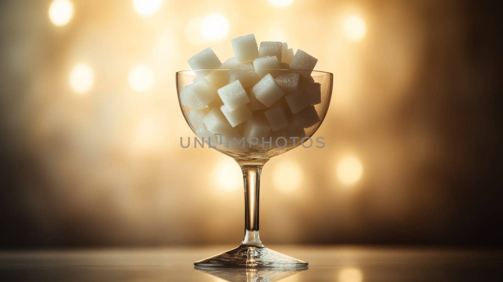 Sugar cubes in a cocktail glass on a warm bokeh background, sweet indulgence concept.