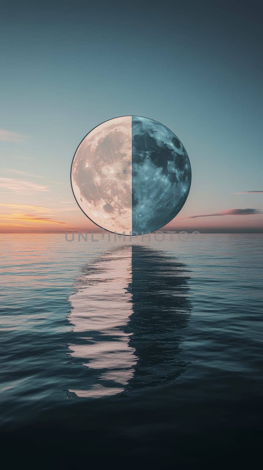 Half moon reflection on ocean at sunset, surreal concept.