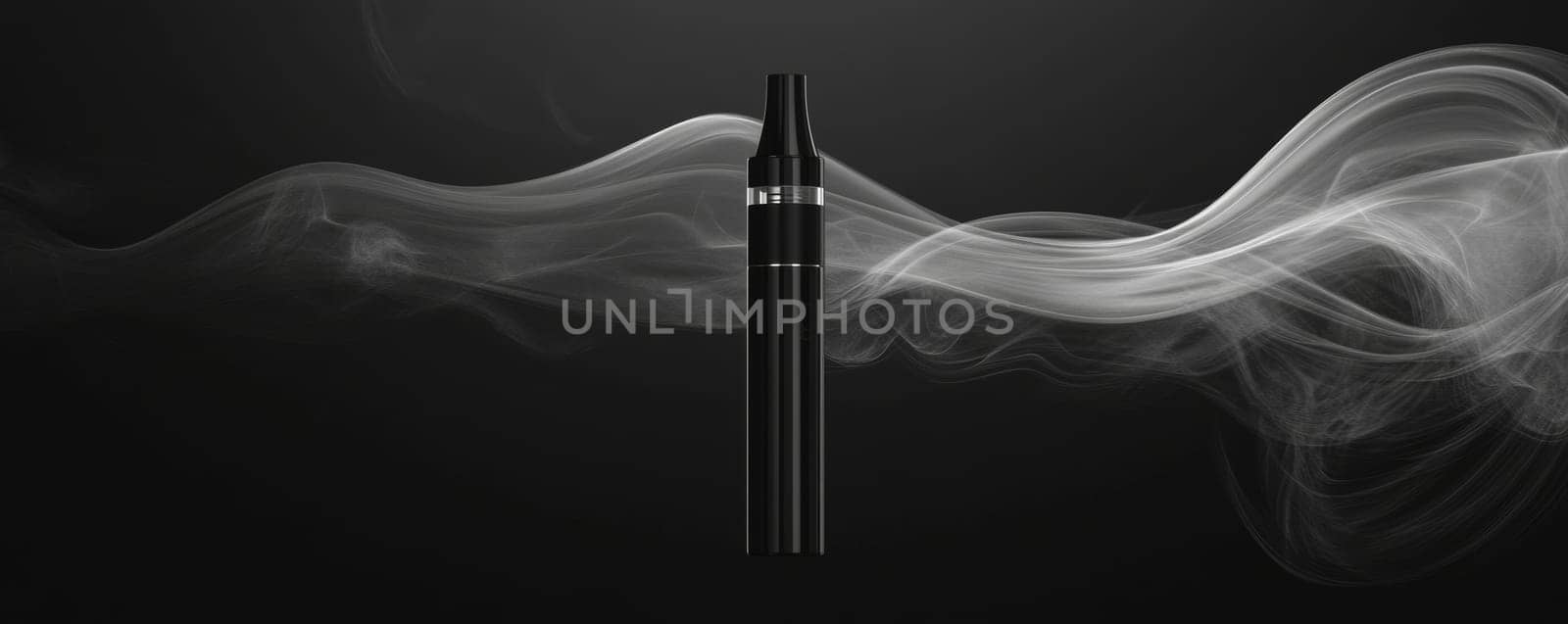 Black electronic vaporizer with swirling smoke on dark background.