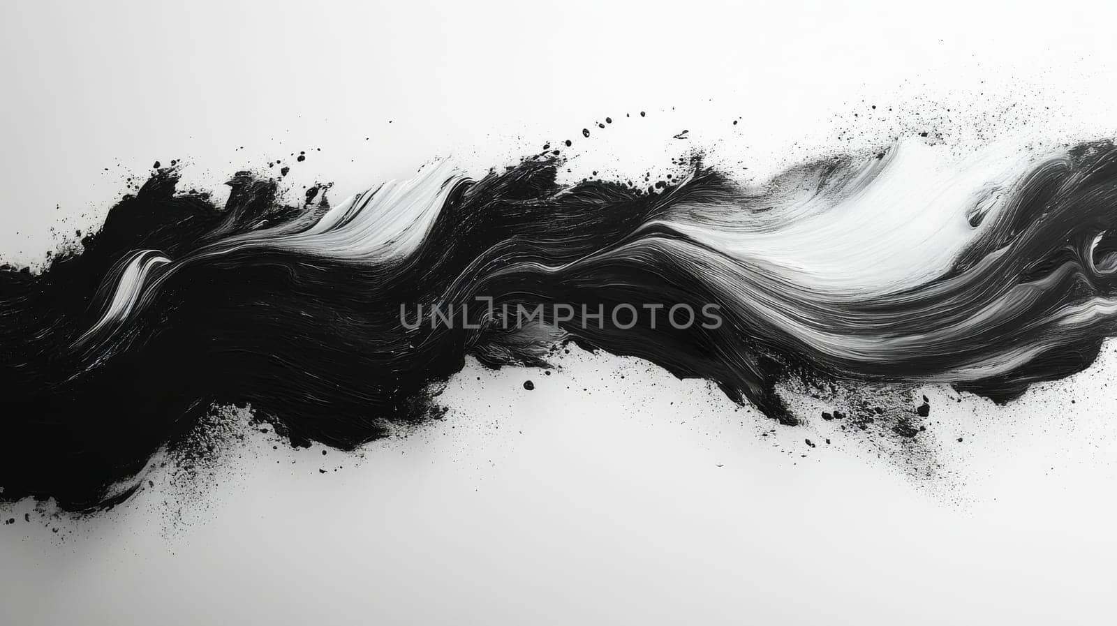 Abstract black and white paint swirl on canvas.