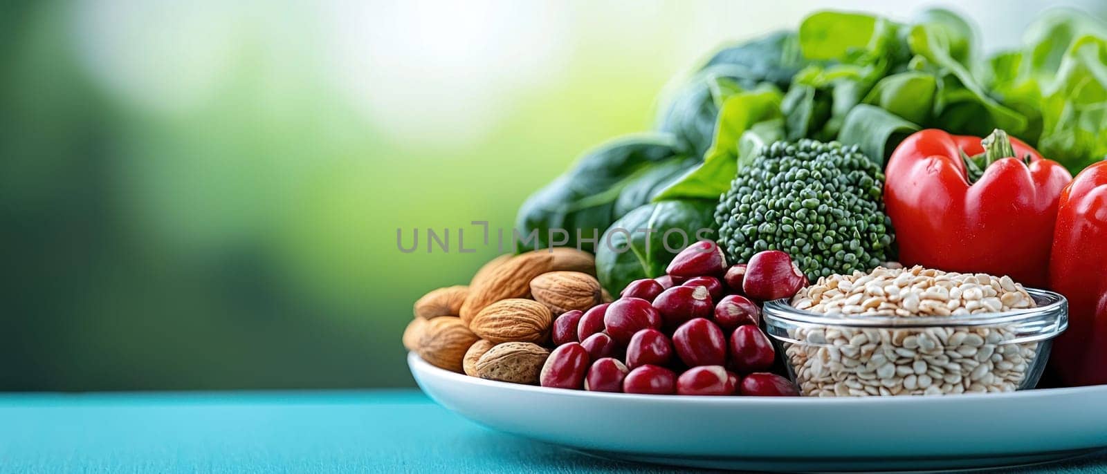 vibrant plate of healthy foods featuring leafy greens, nuts, and colorful vegetables, promoting nutritious lifestyle. This arrangement showcases beauty of wholesome eating.