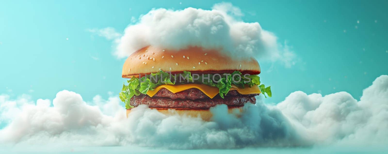 Floating hamburger among clouds, surreal food concept.
