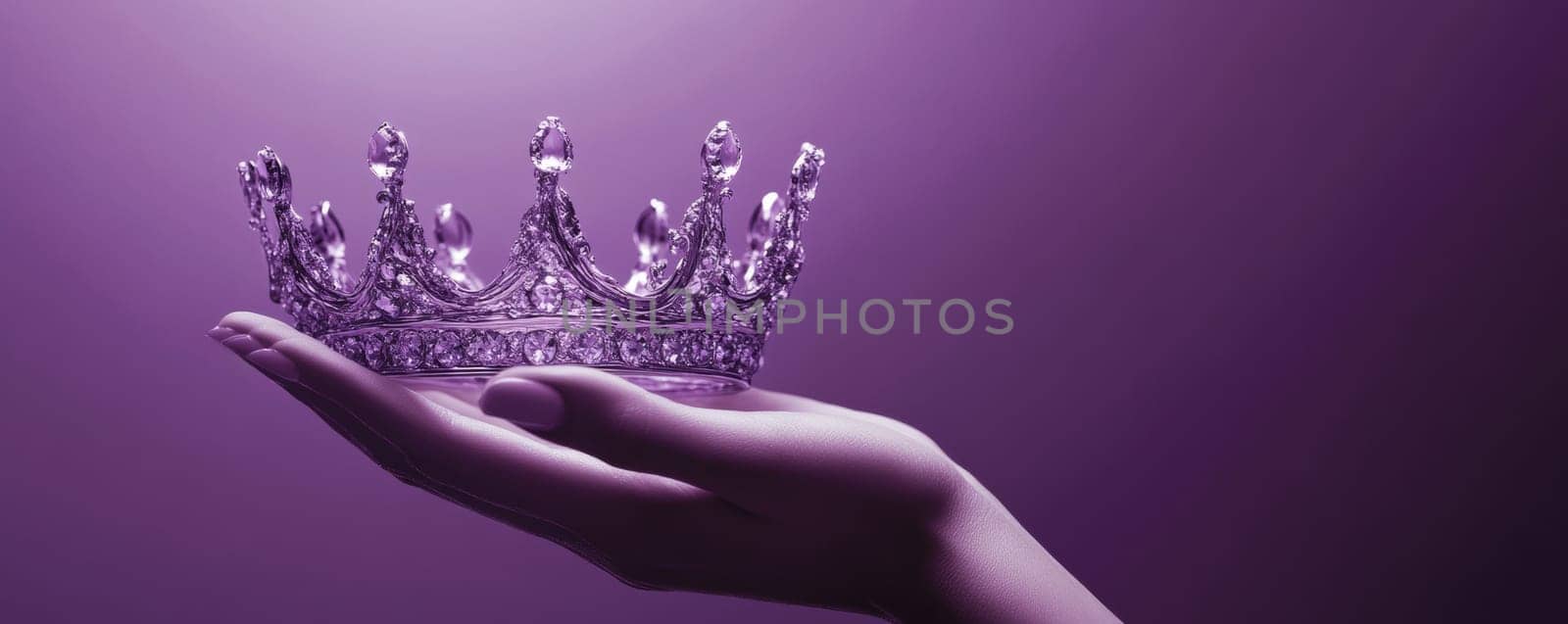 Hand holding a purple crown, elegant royalty concept.