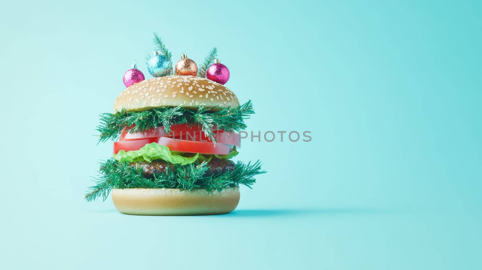 Burger decorated with Christmas ornaments on a blue background. Festive and creative holiday food concept.