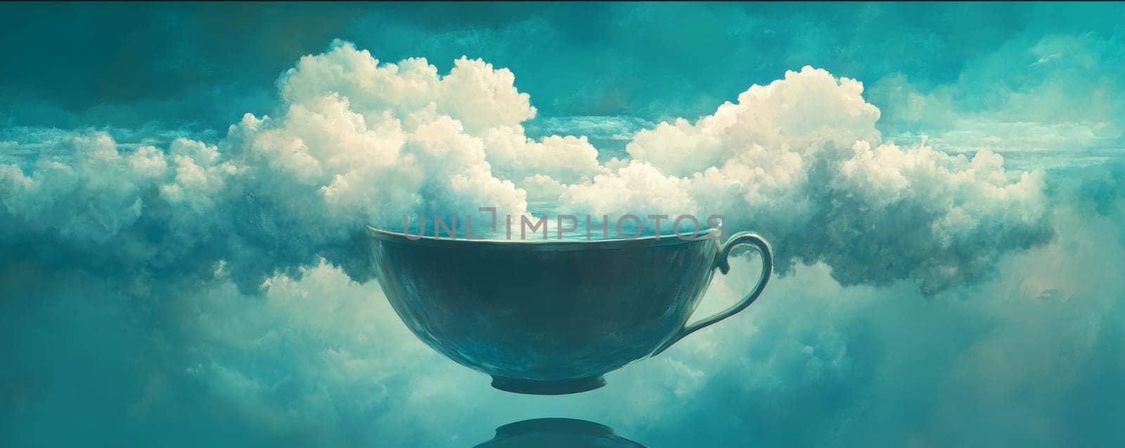 Surreal cup floating among clouds, ethereal dreamscape concept.