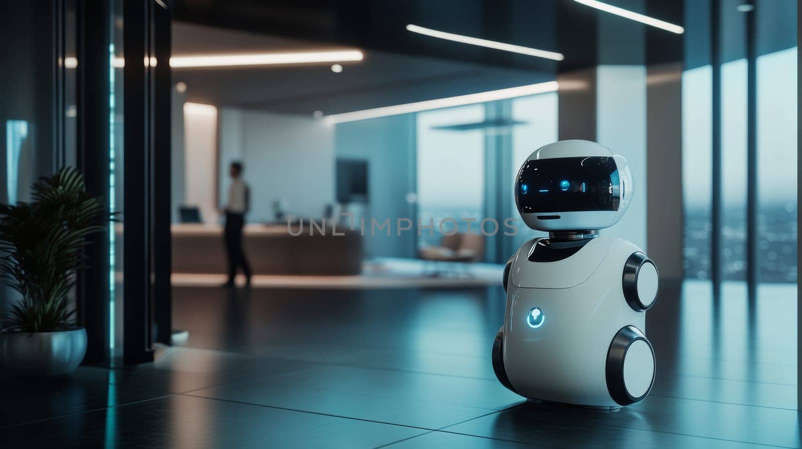 futuristic office with service robot, advanced technology. innovation and automation concept.