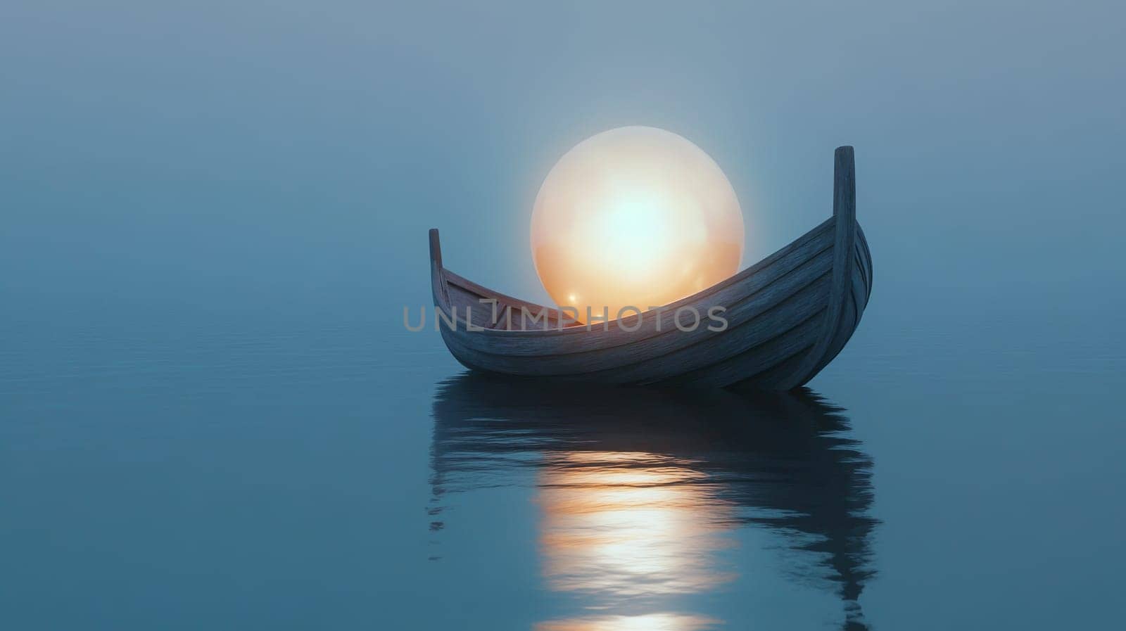 Boat with glowing moon on calm water, tranquil scene. Mystical and serene concept.
