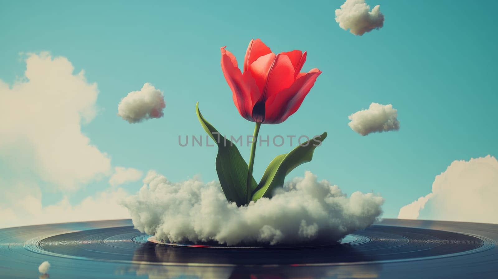 Red tulip rising from clouds on vinyl record under blue sky.