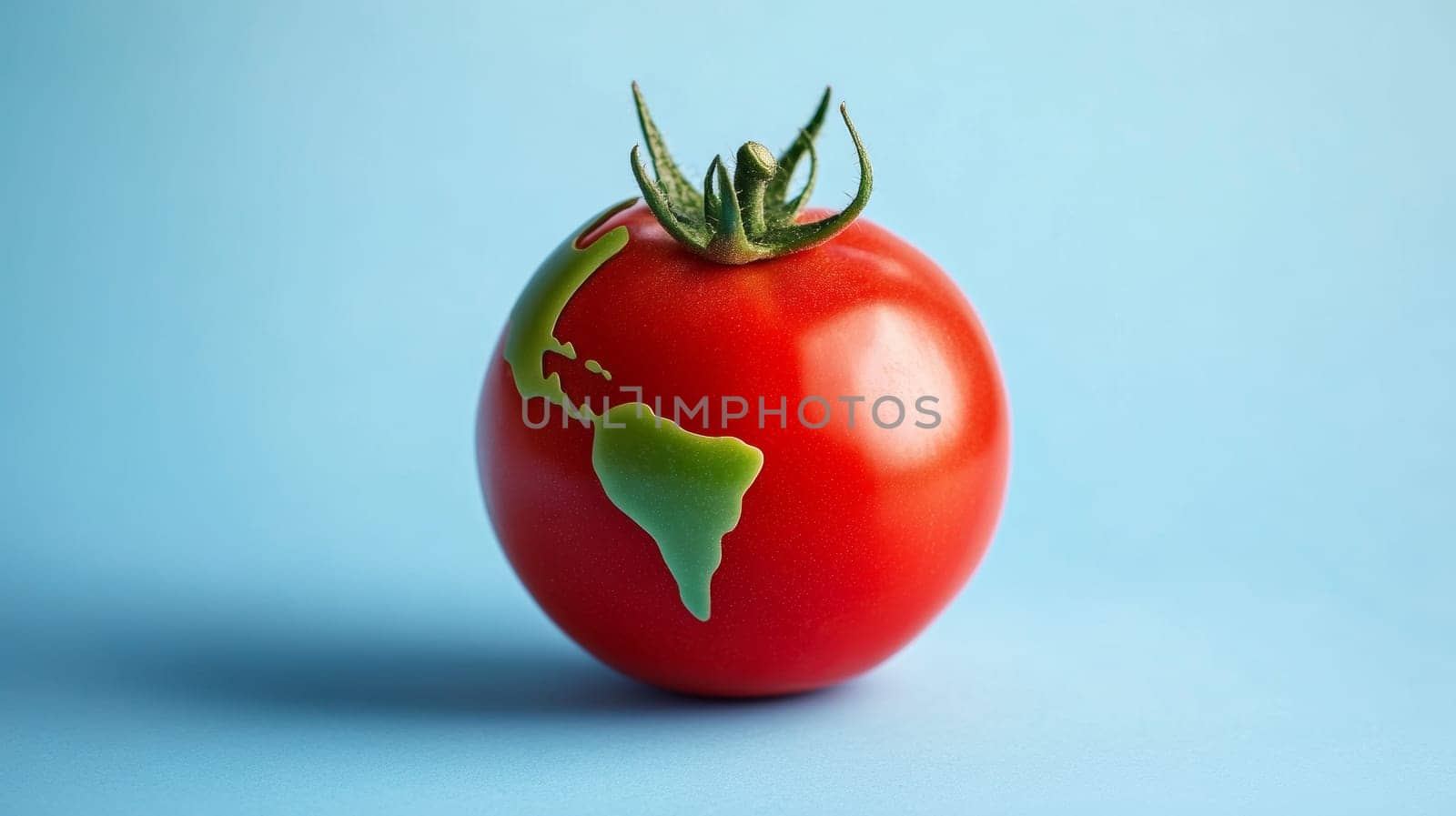 Tomato with world map on blue background, creative concept. Global food and sustainability concept.