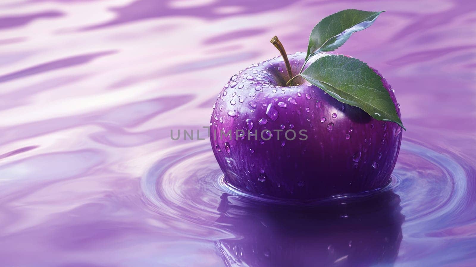 Purple apple floating on rippling water surface.