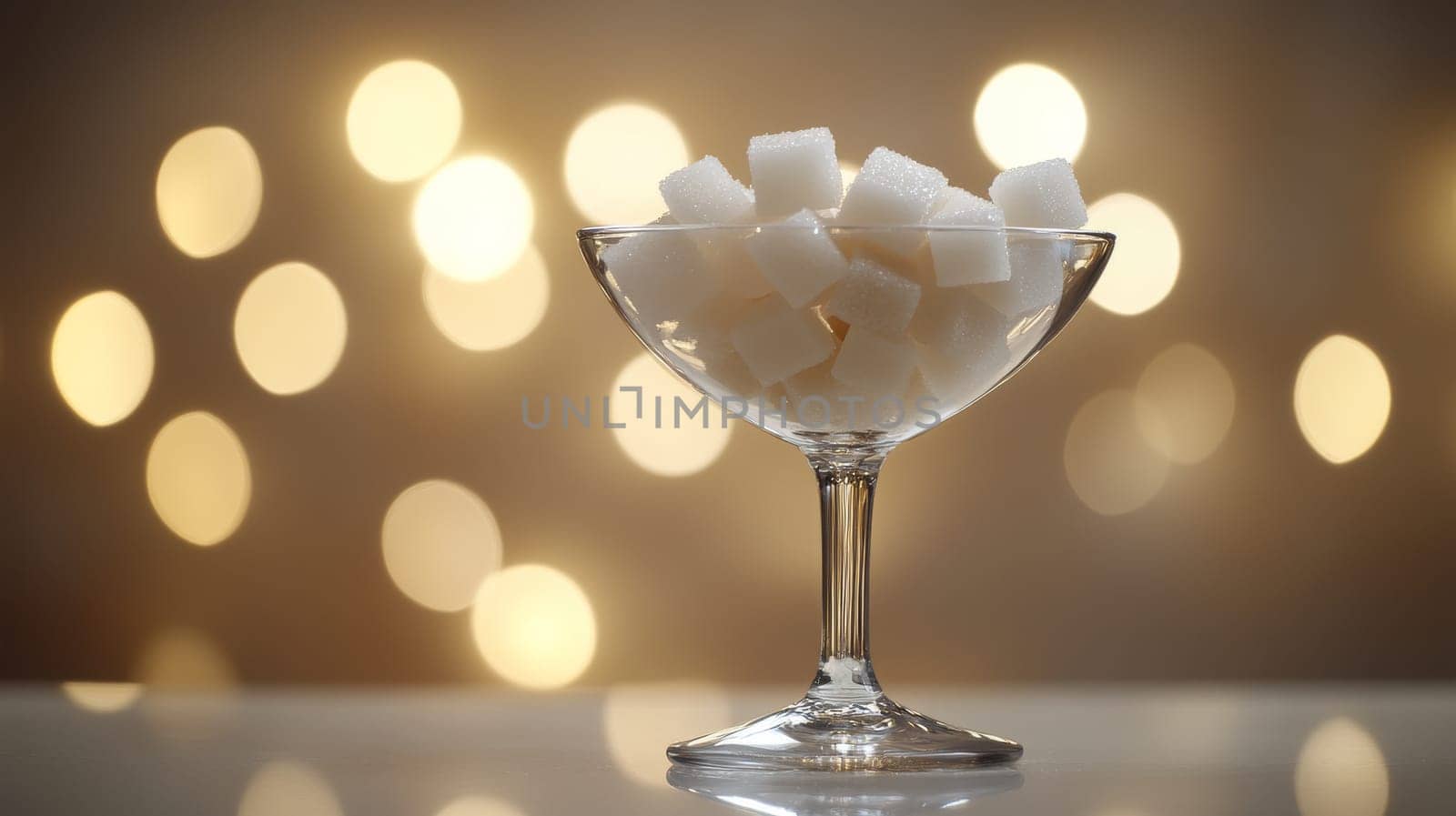 Cubes of sugar in glass bowl with blurred lights, elegant concept.