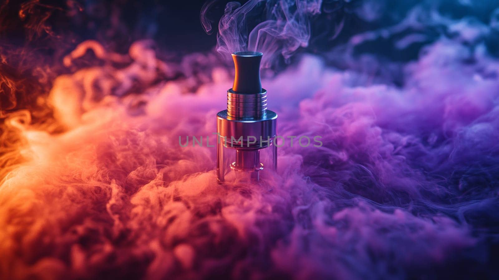Vape device surrounded by colorful smoke on dark background, contemporary lifestyle and technology concept.