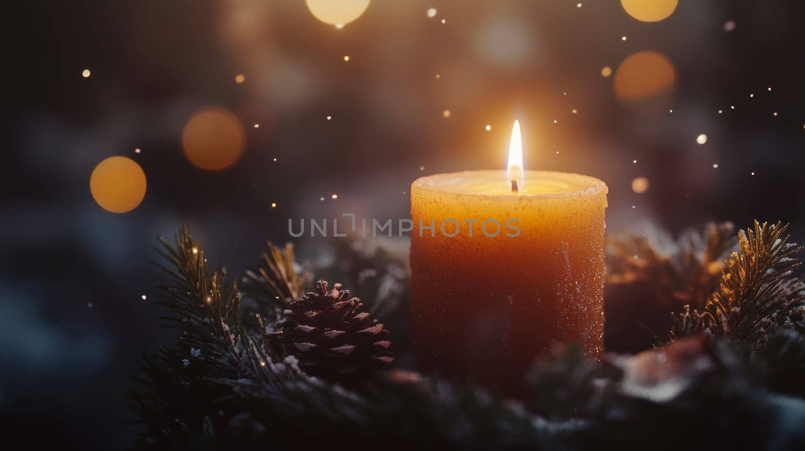 Candle glowing in festive wreath with pine cones, warm bokeh lights in background. Holiday ambiance and winter decor concept.