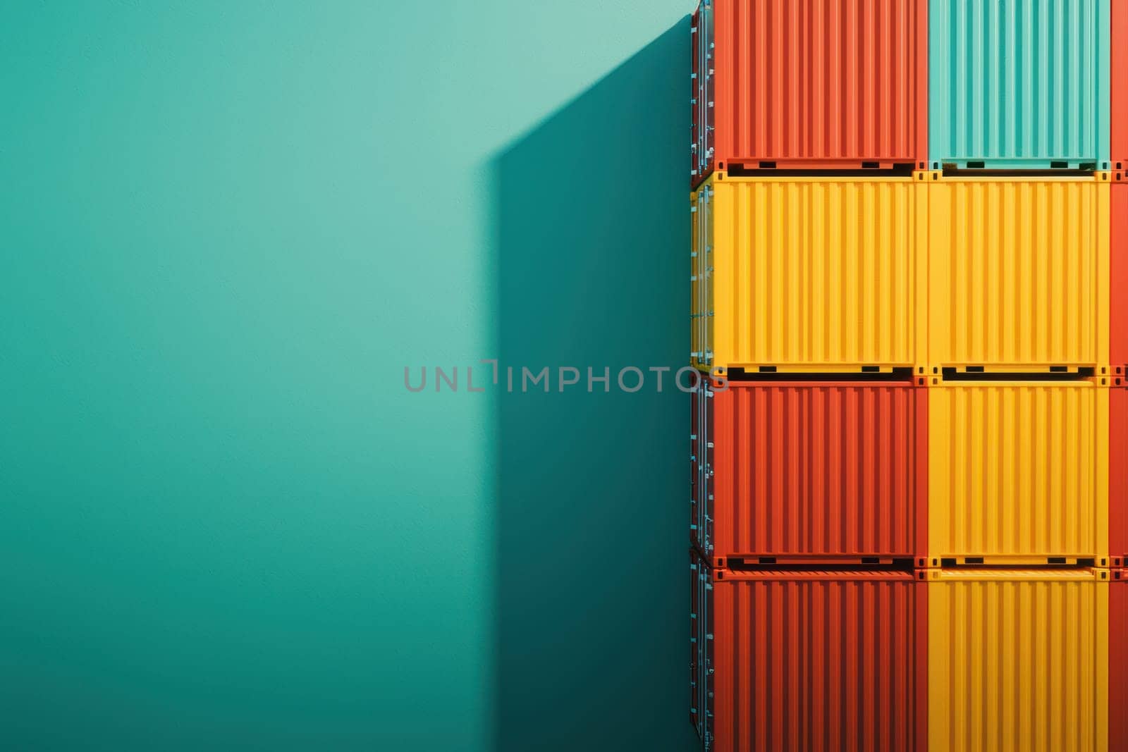 Colorful shipping containers stacked against vibrant turquoise wall create striking visual contrast. arrangement showcases blend of red, yellow, and teal, evoking sense of organization and modernity.