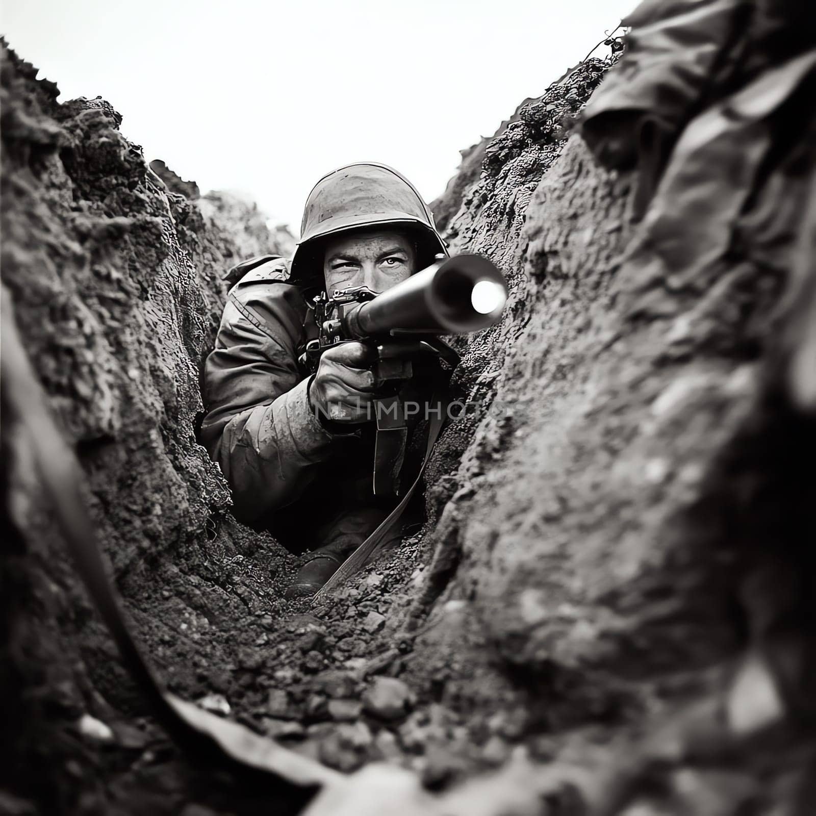 A man in a camouflage jacket is crouching in a hole with a gun. He is holding a gun and has a flashlight in his hand