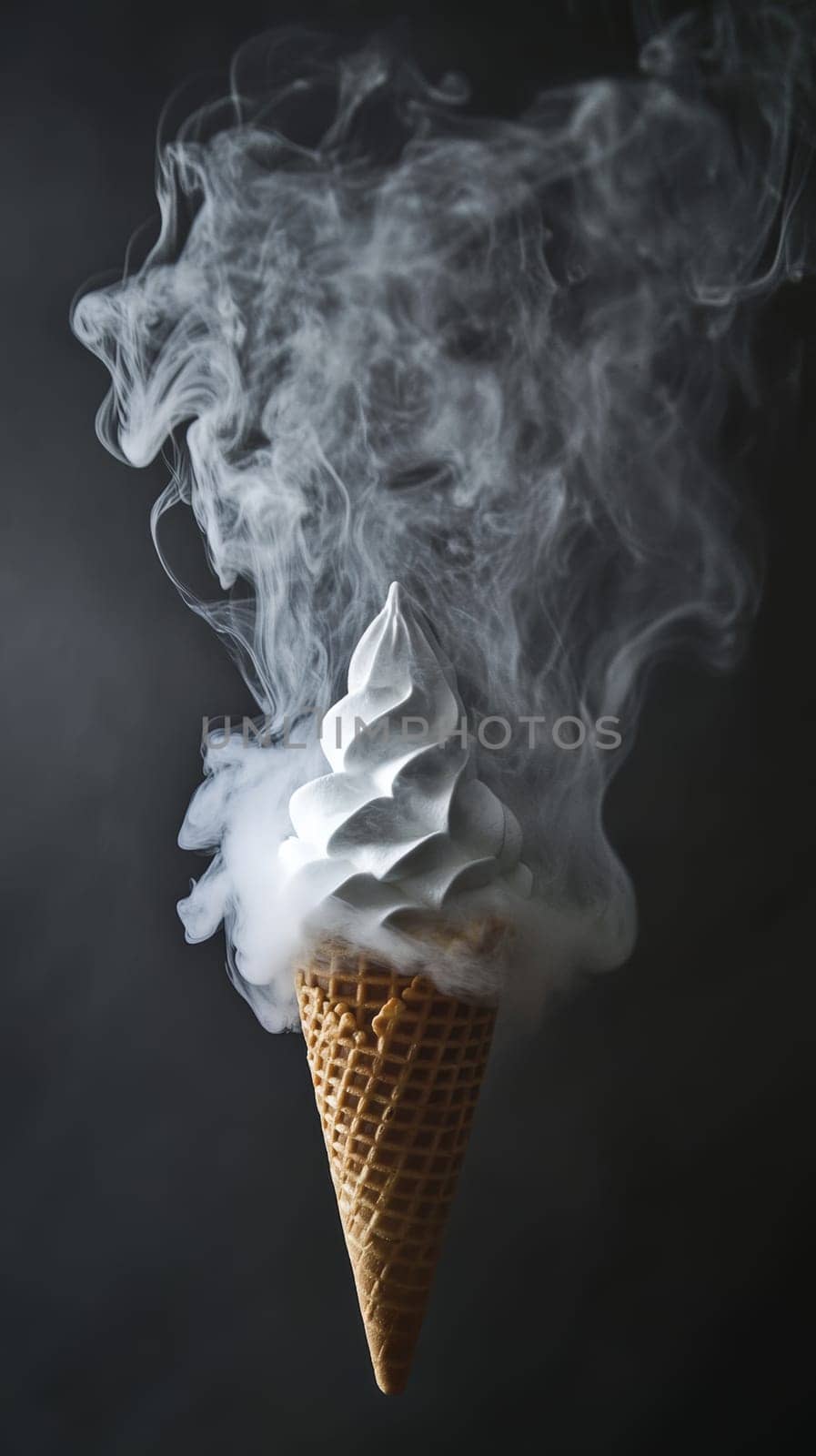 Ice cream cone surrounded by smoke on dark background.