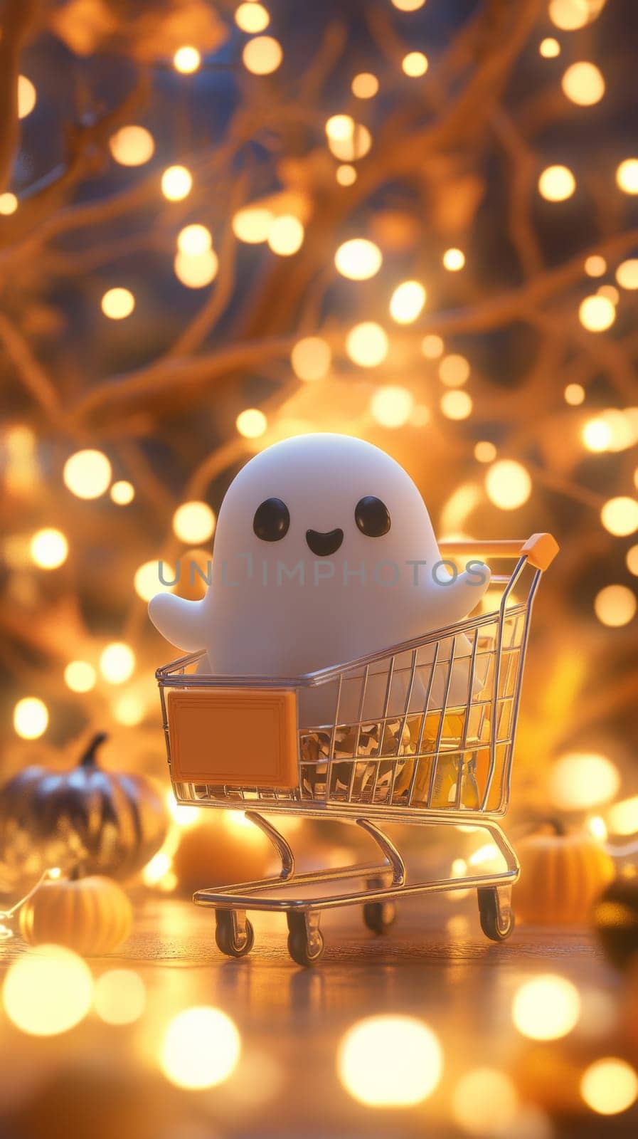 Cute ghost in shopping cart surrounded by warm bokeh lights.