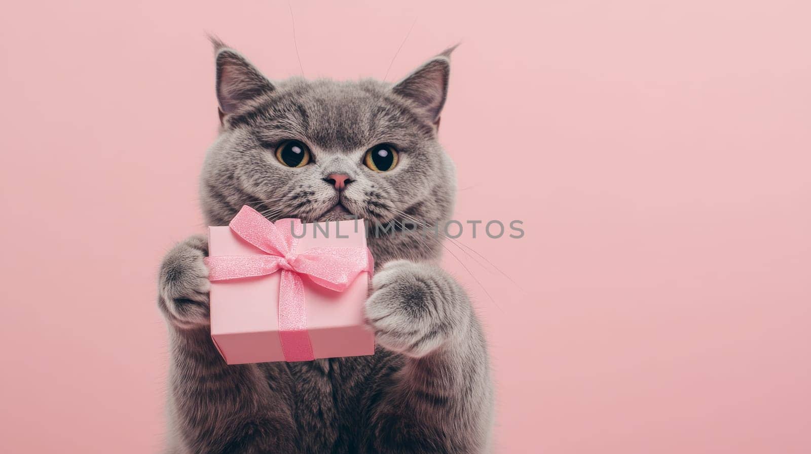 Cat holding a pink gift box on pastel background.