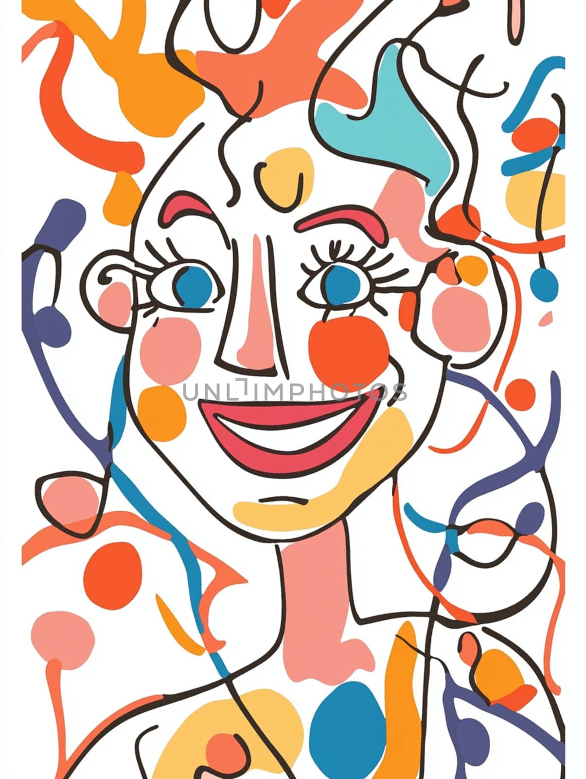 Abstract line art depicting a happy woman smiling, featuring colorful shapes and patterns. This playful and whimsical illustration is perfect for projects related to joy, positivity, and modern art
