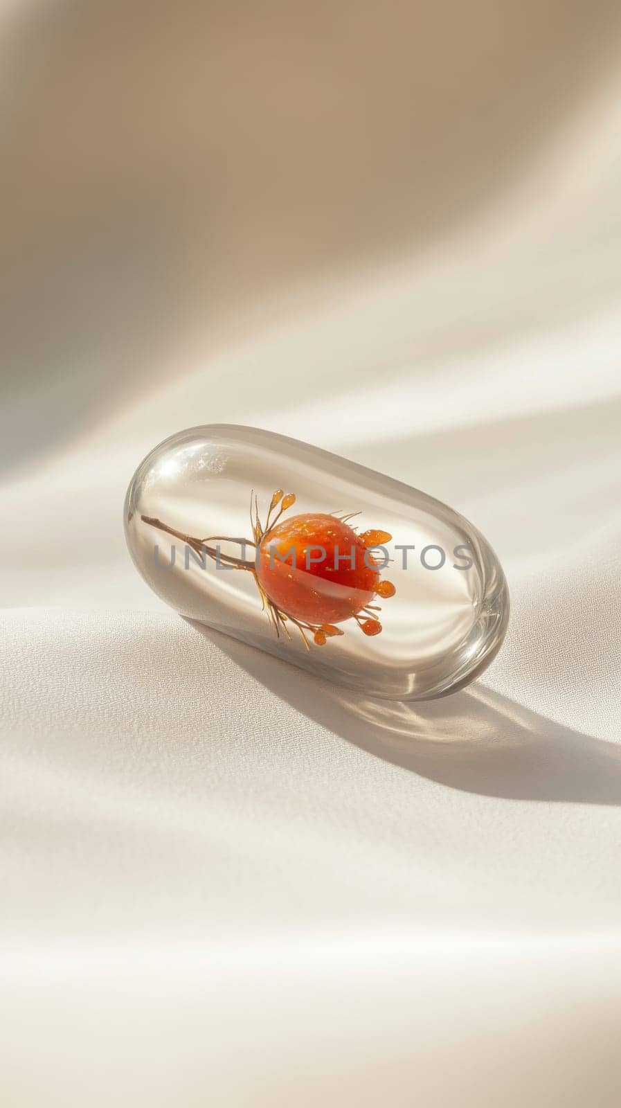 Transparent capsule with orange seed pod on white fabric.
