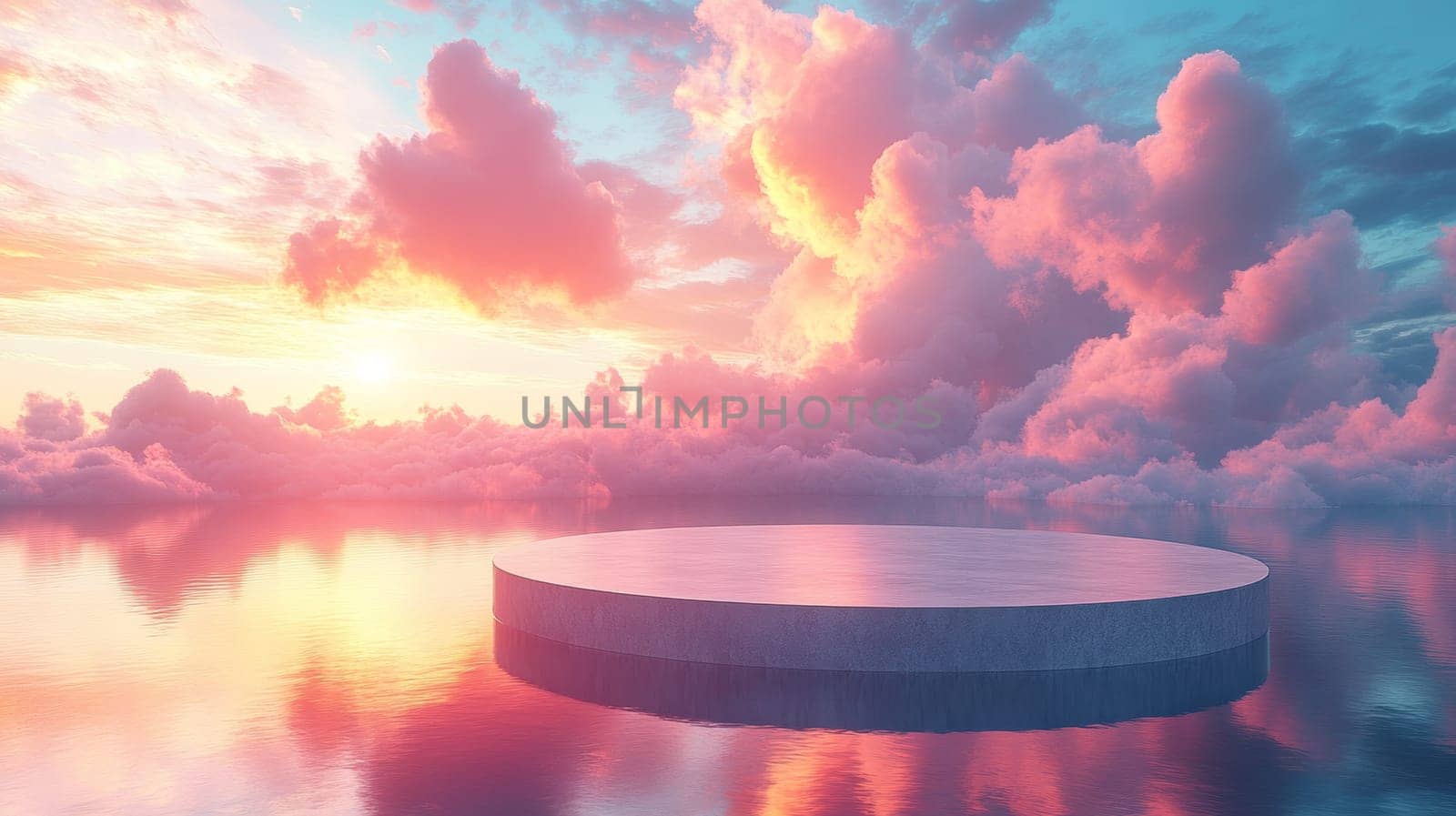 circular platform in serene sunset over calm water.