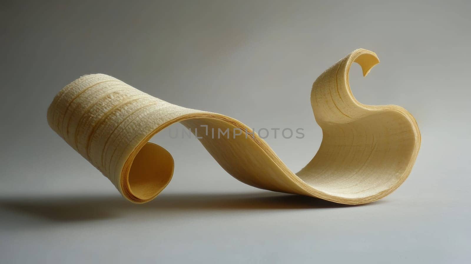 A banana peel that looks like a sheet of paper that rolls up.