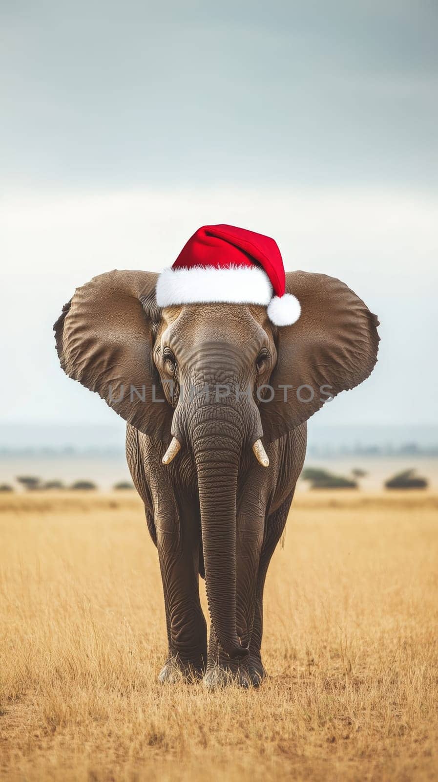 Elephant wearing a santa hat in the savannah, playful holiday concept.