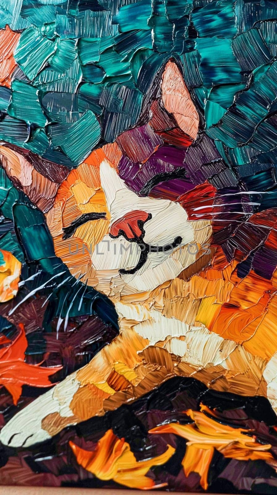 Colorful oil painting of a ginger cat lying on autumn leaves, enjoying a moment of peace and serenity. The artwork captures the warmth and coziness of the season