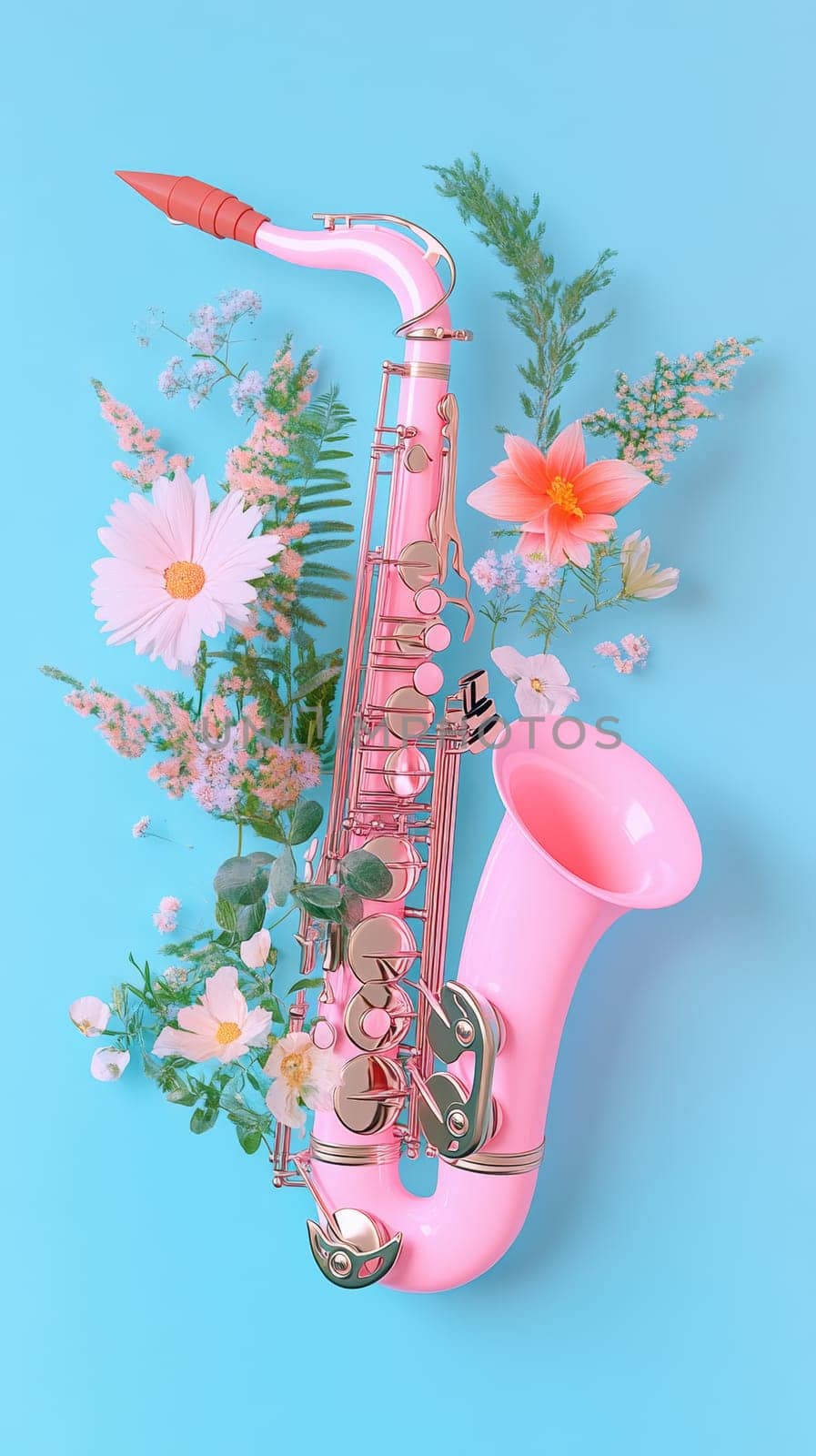 Pink saxophone with flowers on blue background, creative music concept.