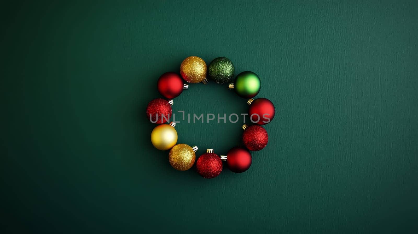 Christmas wreath made of colorful baubles on dark green background. Holiday decoration concept.