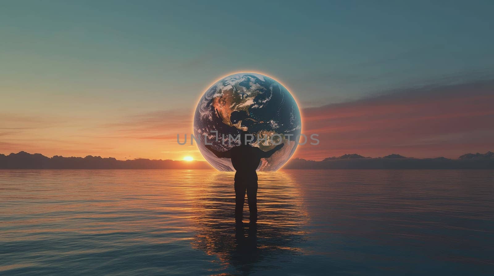 Person holding illuminated planet earth over ocean at sunset, surreal concept.