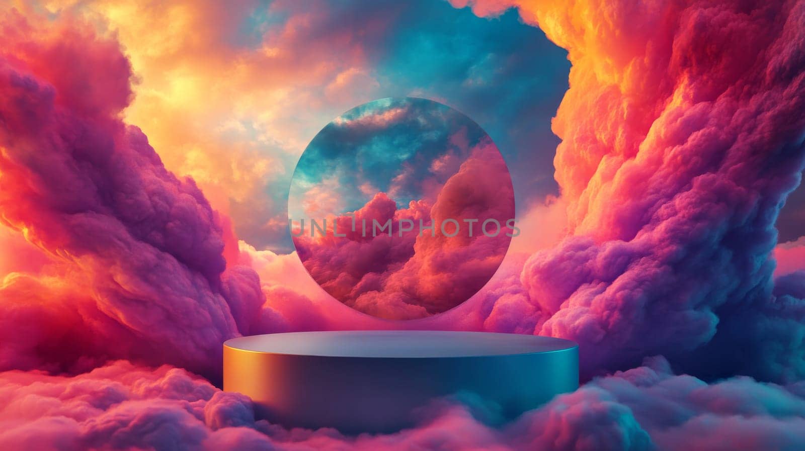 surreal clouds with circular mirror reflecting vibrant sunset hues.