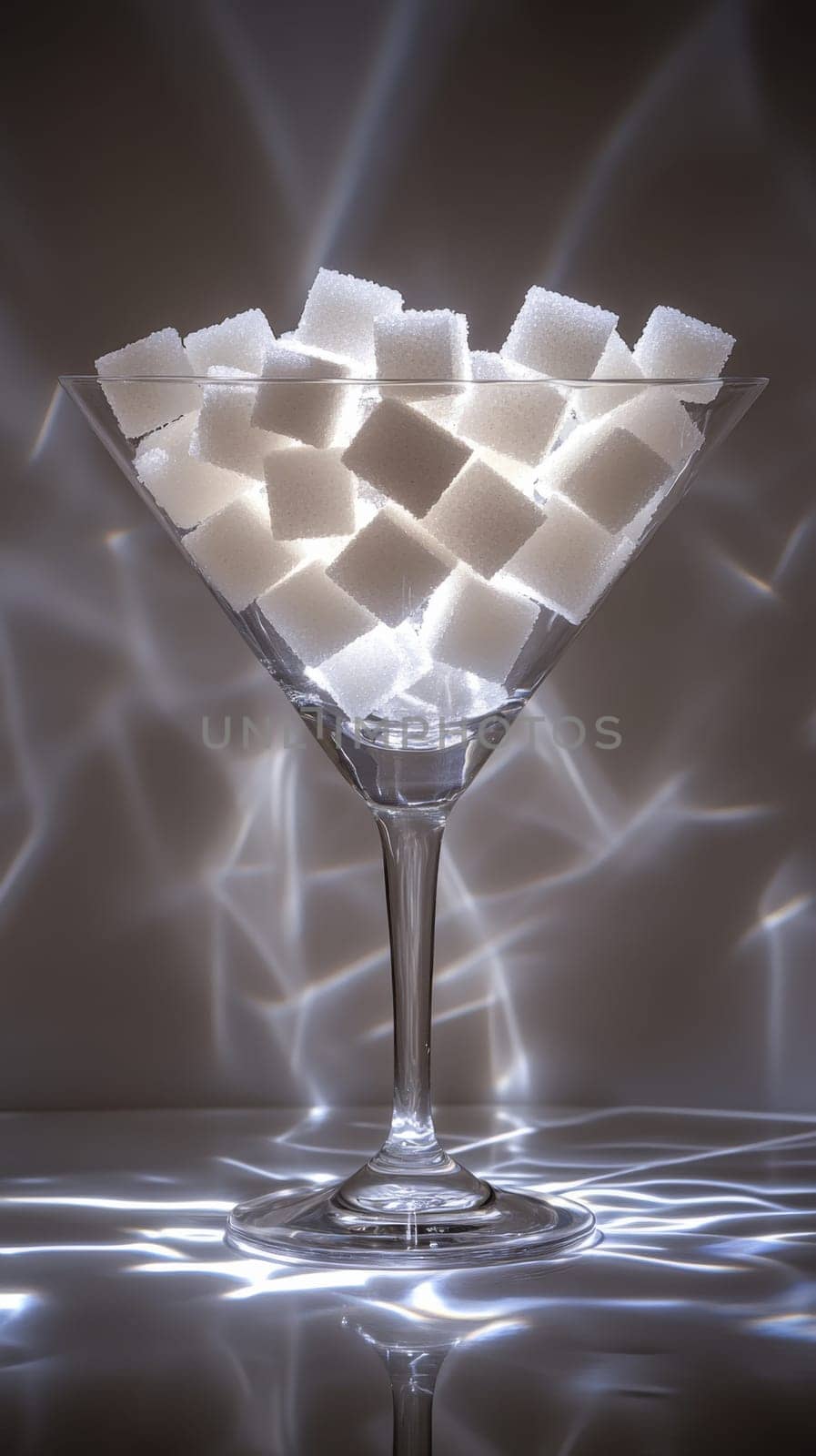 Martini glass filled with sugar cubes, abstract light reflections. Food photography and creative concept.