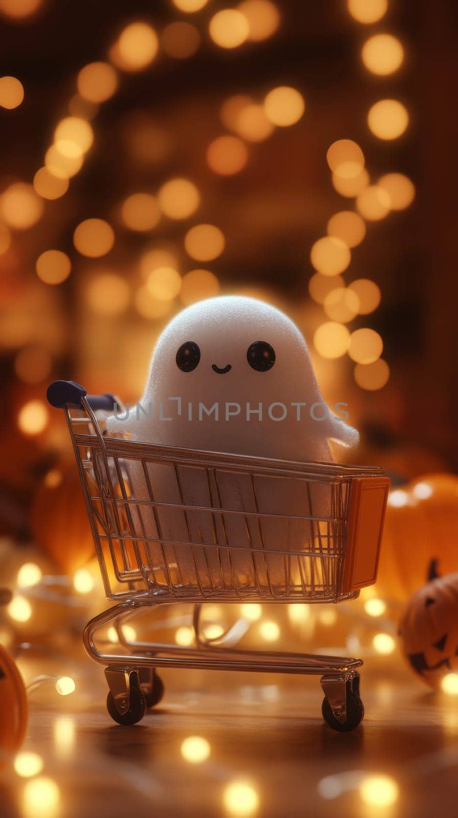 Cute ghost plush in shopping cart surrounded by halloween lights. Festive decoration and autumn vibes.