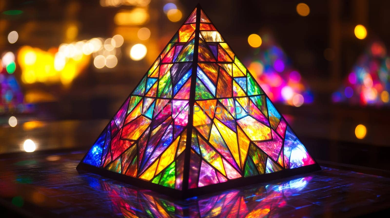 Colorful stained glass pyramid with glowing lights.