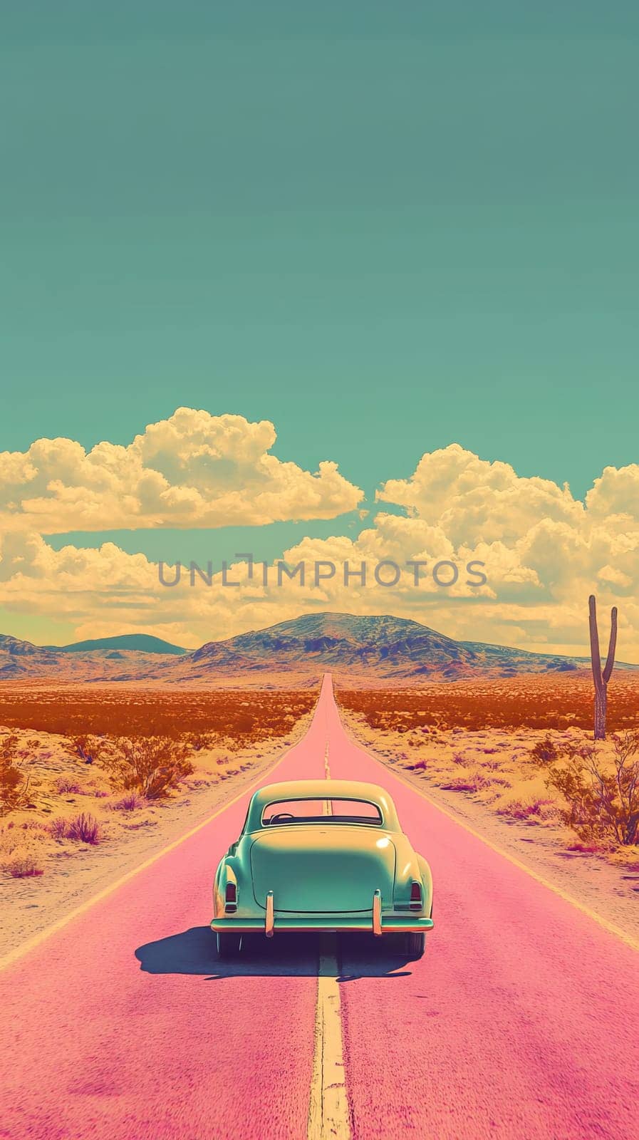 vintage car on deserted road in surreal desert landscape, retro travel and adventure concept.