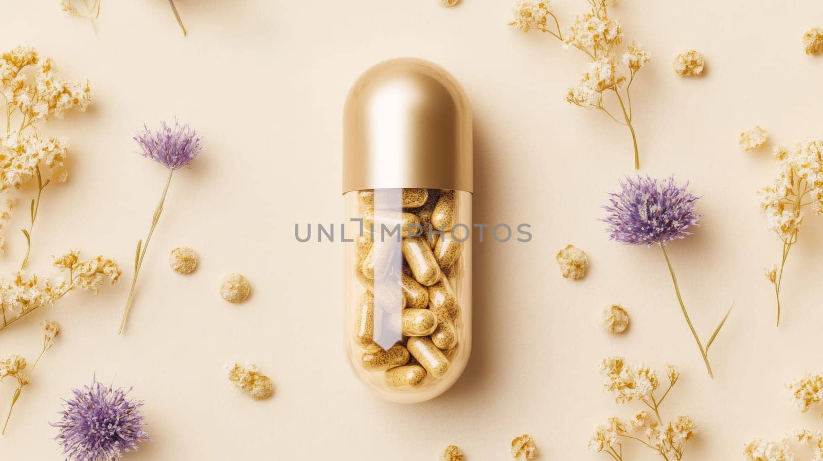 Golden capsule surrounded by delicate flowers.