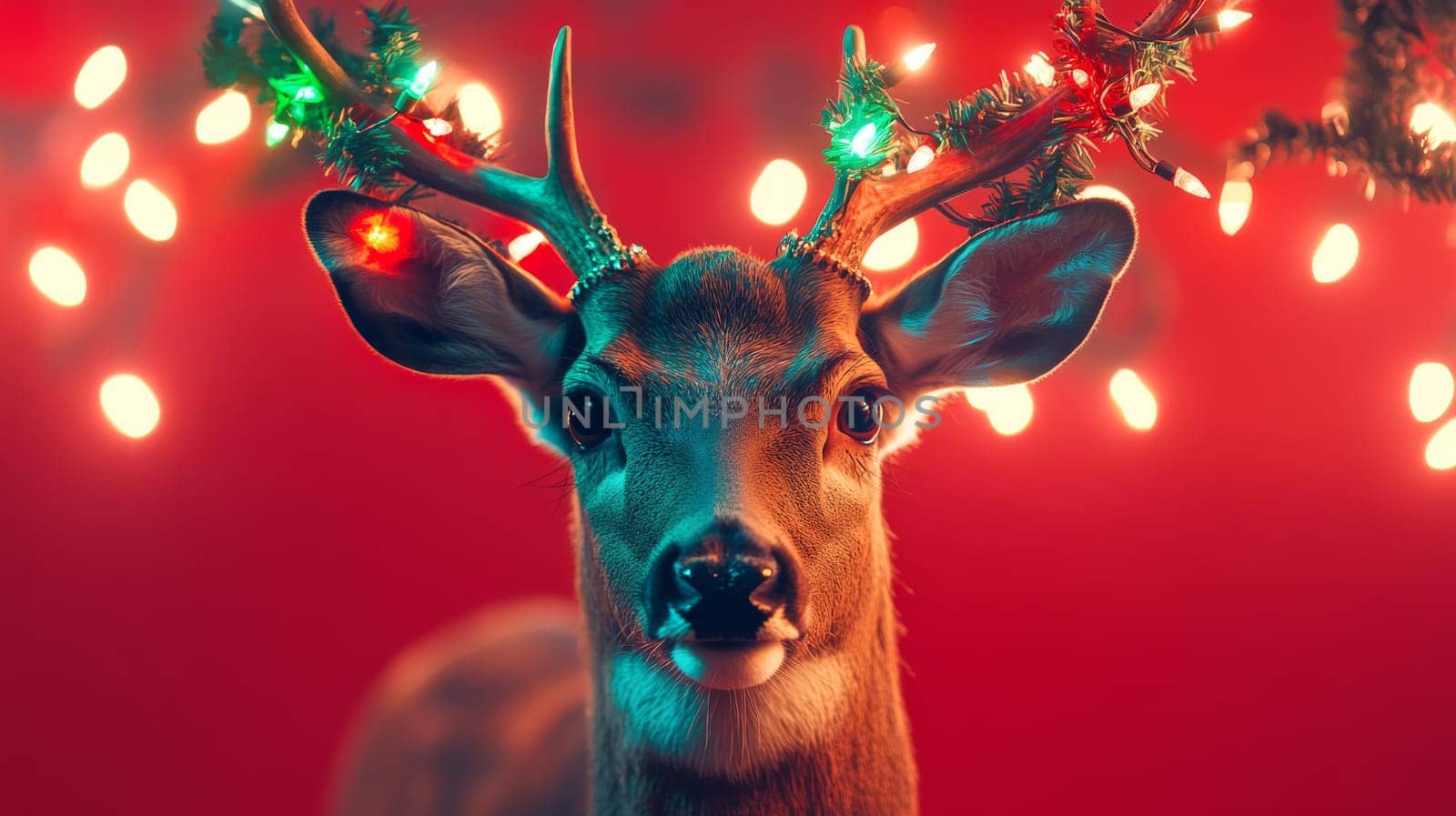 Reindeer with festive lights on antlers, holiday spirit. Christmas celebration concept.