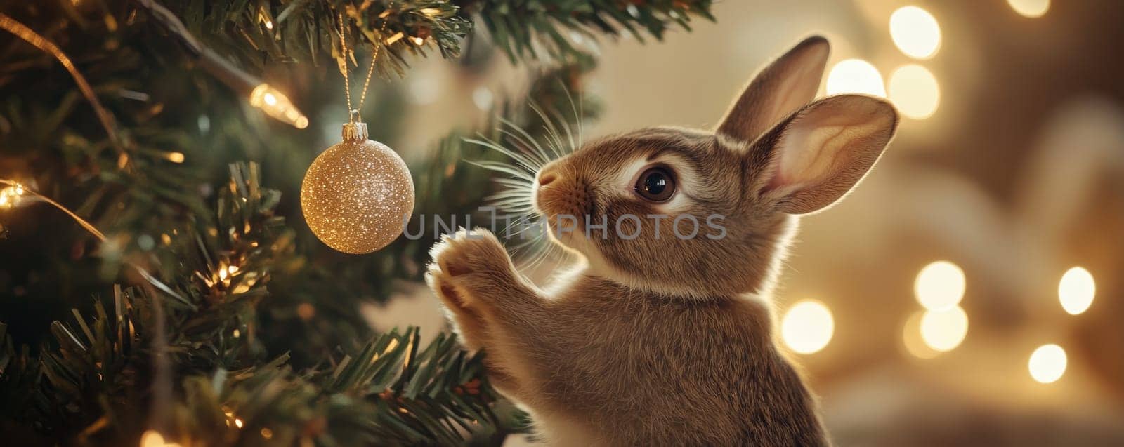 Rabbit decorating christmas tree with golden bauble, festive holiday concept.