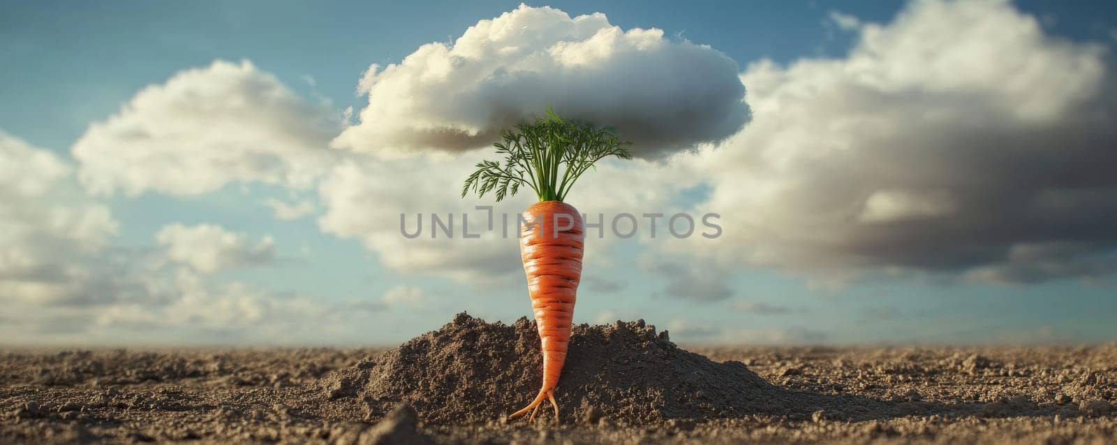 Carrot with a cloud shaped top growing in dirt.