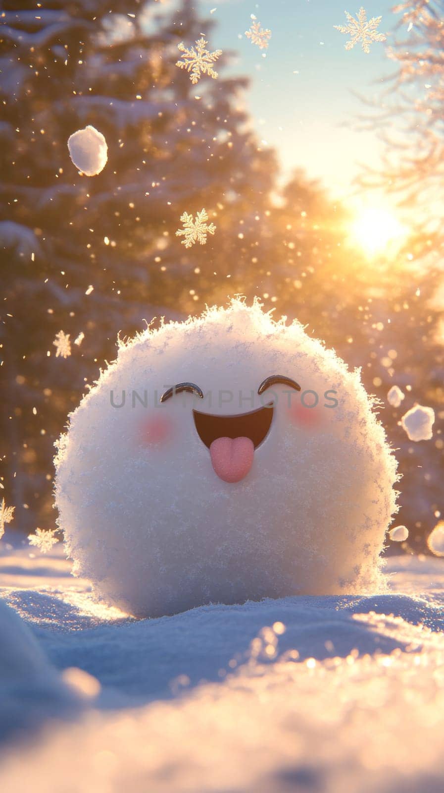 Cute snowball character with smiley face in winter forest, cheerful and playful concept.