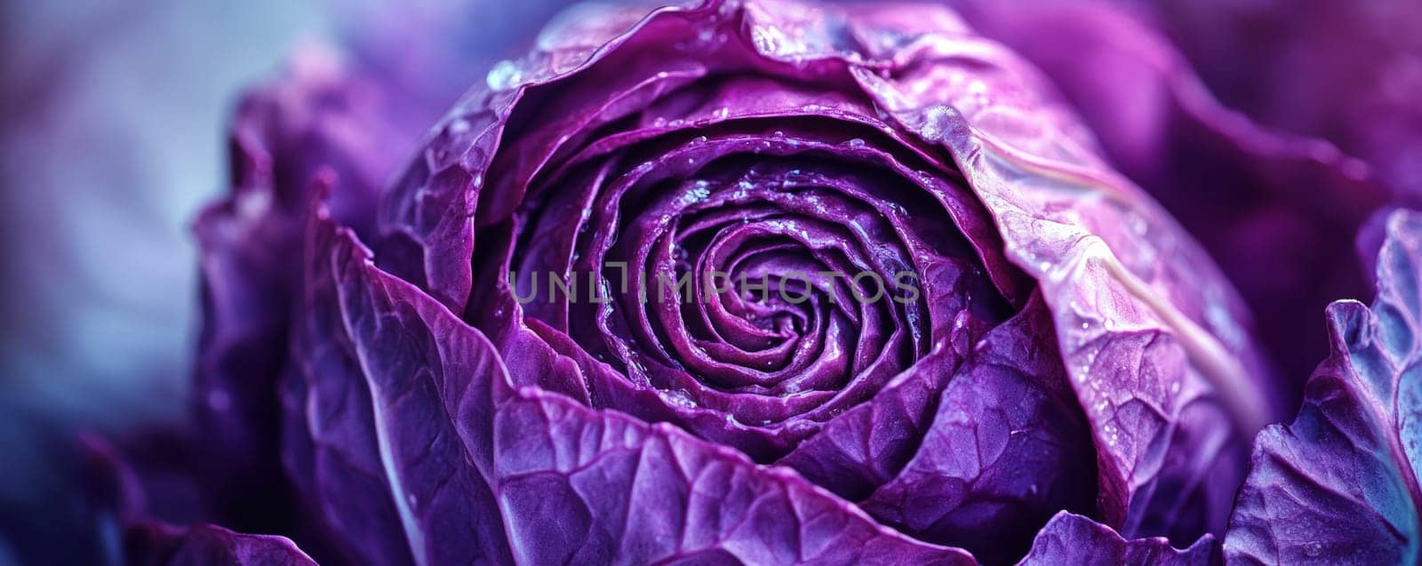 Purple cabbage close-up with water droplets, vibrant colors. Nature and freshness concept.