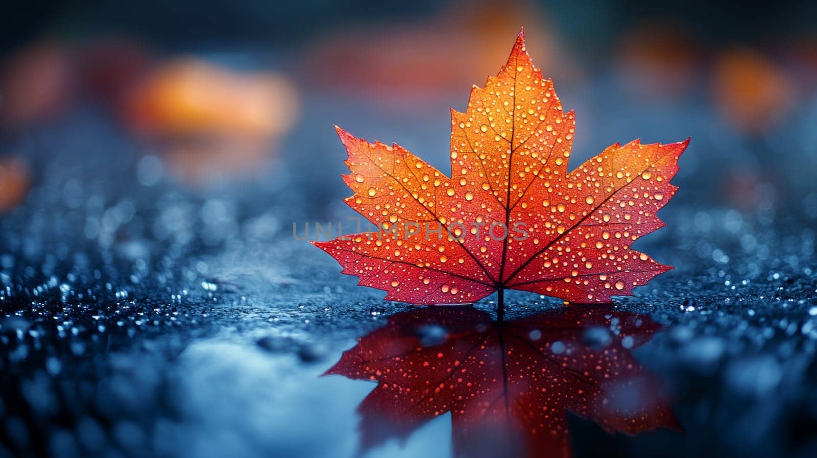 Maple leaf with water droplets on reflective surface, macro photography. Nature beauty and autumn concept.