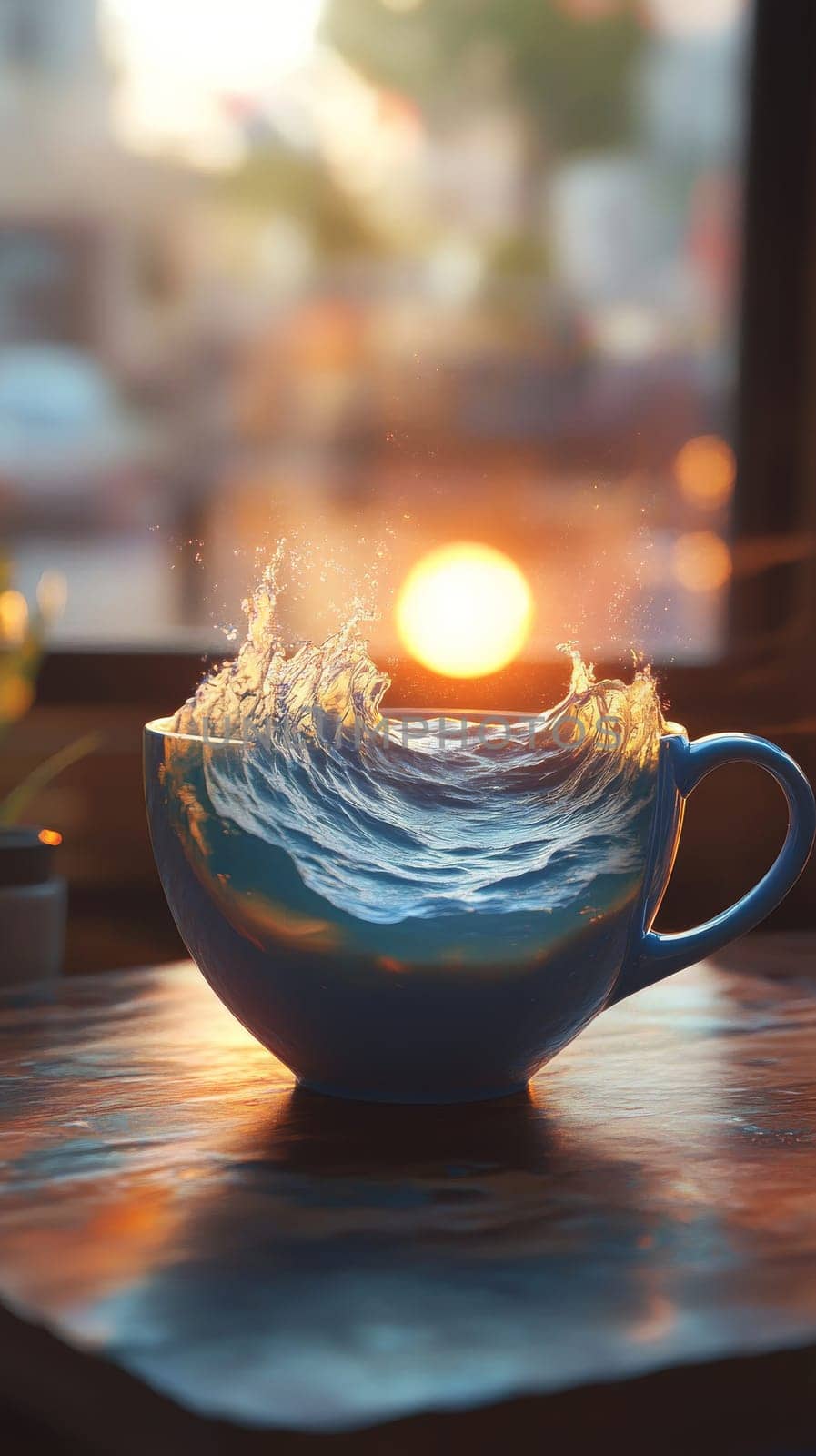 Waves splashing in a coffee cup at sunset, surreal art. Creativity and imagination concept.